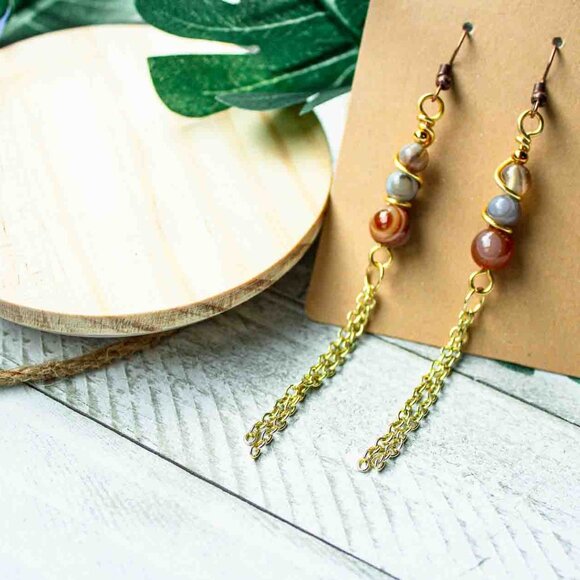 Elegant Three-Bead Multicolor Agate Dangle Earrings with 14k Gold Chain - Picture 6 of 9